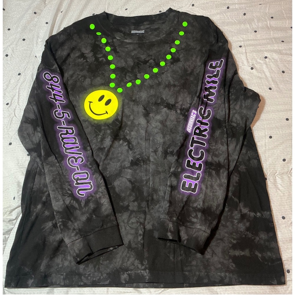Insomniac Electric Mile Tie Dye Long Sleeve Shirt Mens XL Rave Smiley Face Black